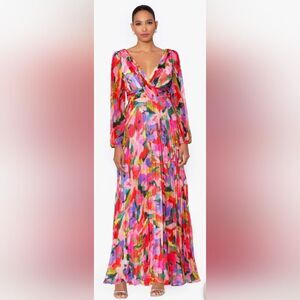 Betsy & Adam Amber Long Sleeve Chiffon Print Floor Length Dress NWOT Sz 6